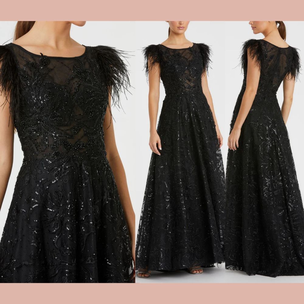 NWT Mac Duggal‎ [ 18 ] 20296 Black Feather Cap Sleeve Bateau A Line Gown Black